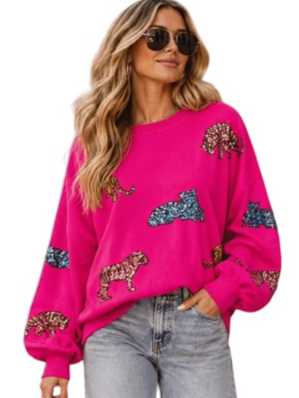 626:  PEACH LOVE NEW SEQUIN TIGER PULLOVER FUCHSIA (H35)